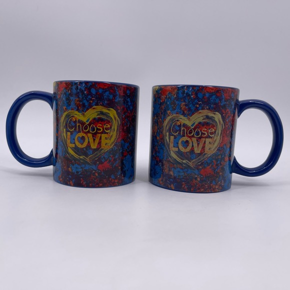 TWO Penzeys CHOOSE LOVE Coffee Mugs Set Purple Porcelain I Will Vote 11.3.20 - Picture 1 of 9